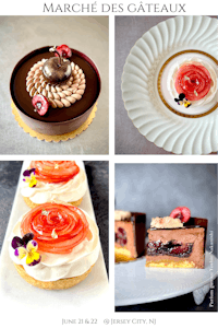 four pictures of desserts with the words march des gateaux