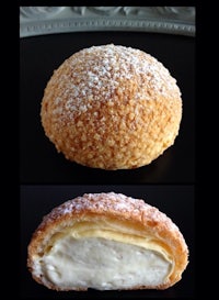 two pictures of a pastry with powdered sugar on top